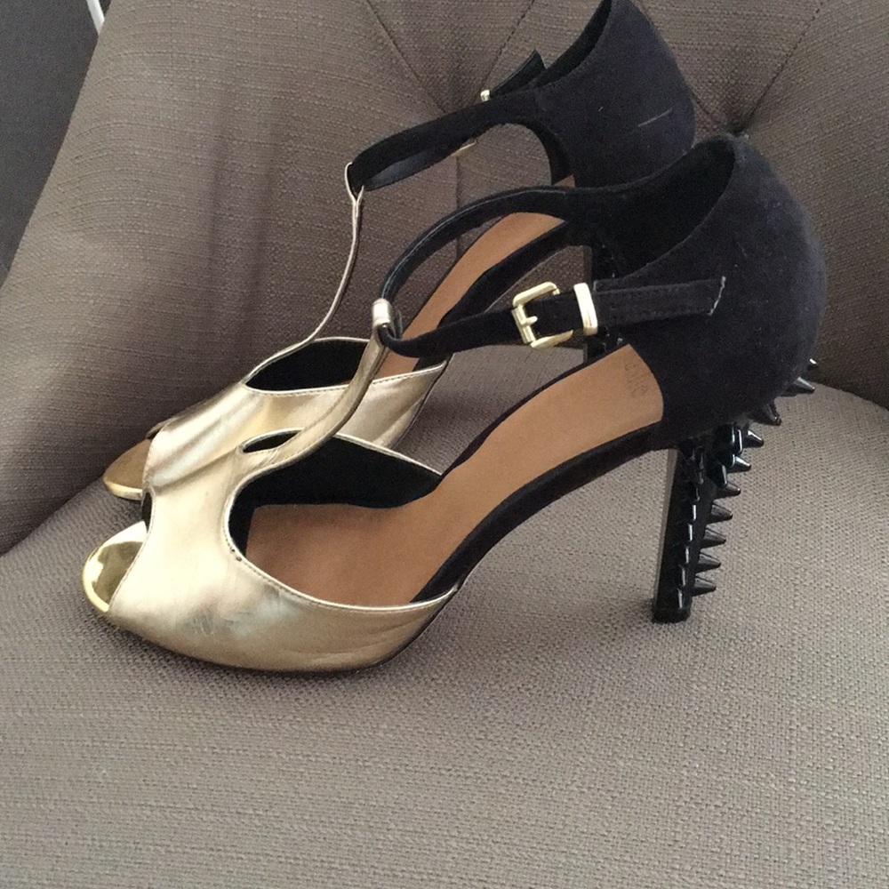 Gold spike t-strap heels